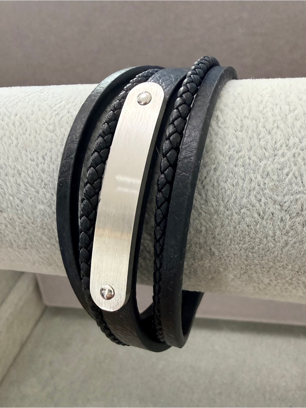 Men’s Black faux Leather Wrap Bracelet Stainless Steel ID Plate,Multi-Strand